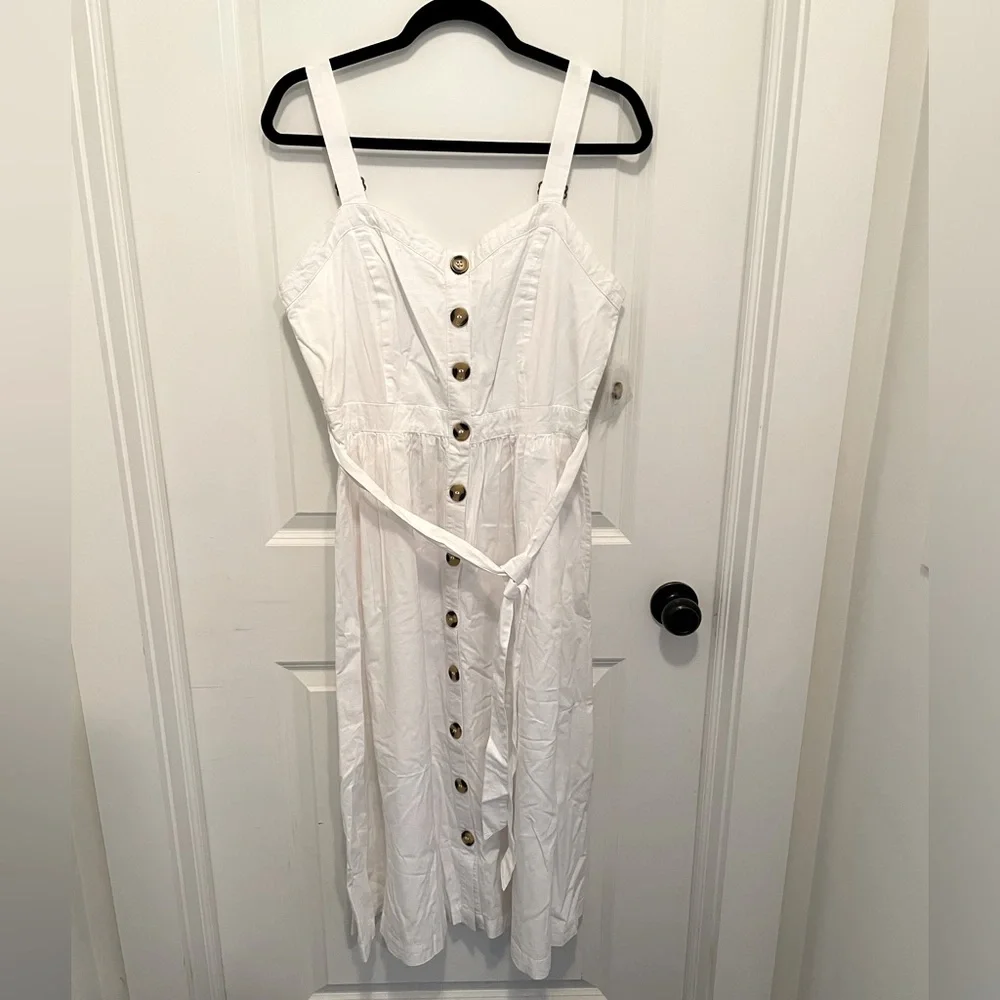 Time And Tru White Button Down Belted Summer Dress Sz L (12-14) - Picture 1 of 8